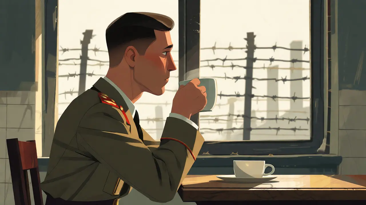 Illustration of a man in uniform calmly drinking coffee near a camp fence
