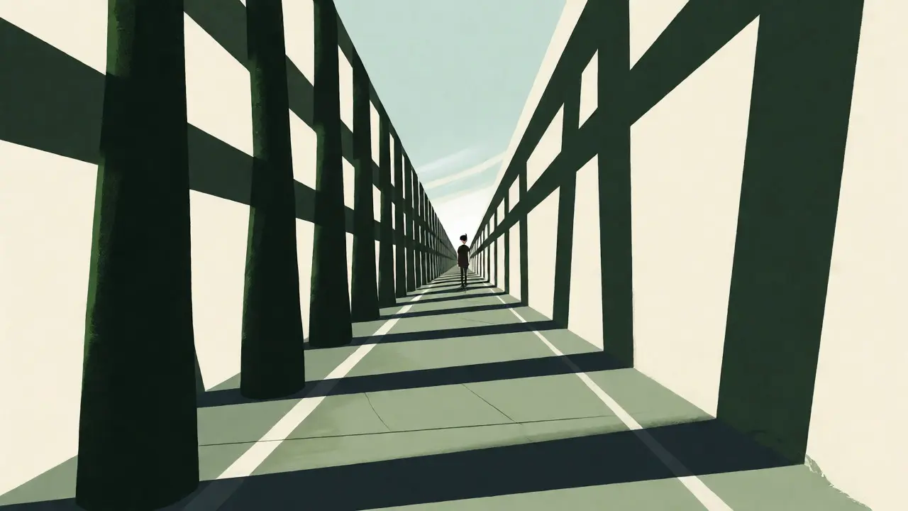 Illustration of leading lines converging toward a distant subject in a corridor.