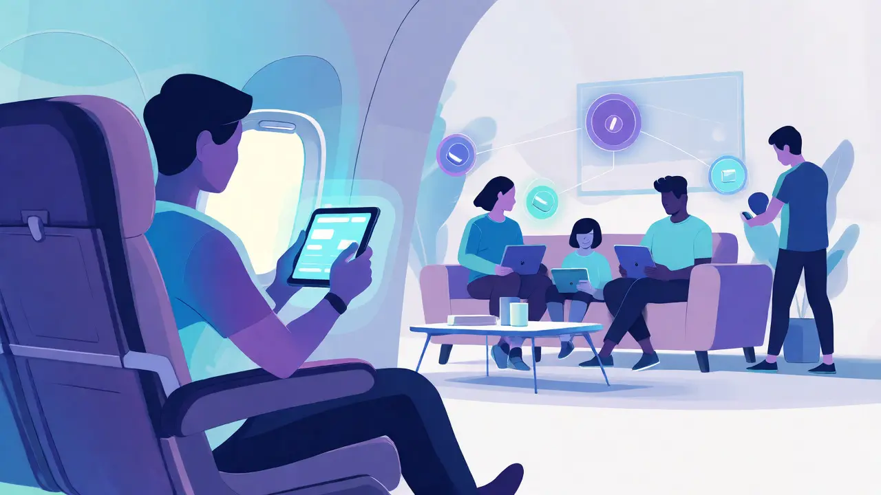Illustration of premium features including offline travel viewing and multi-device family access