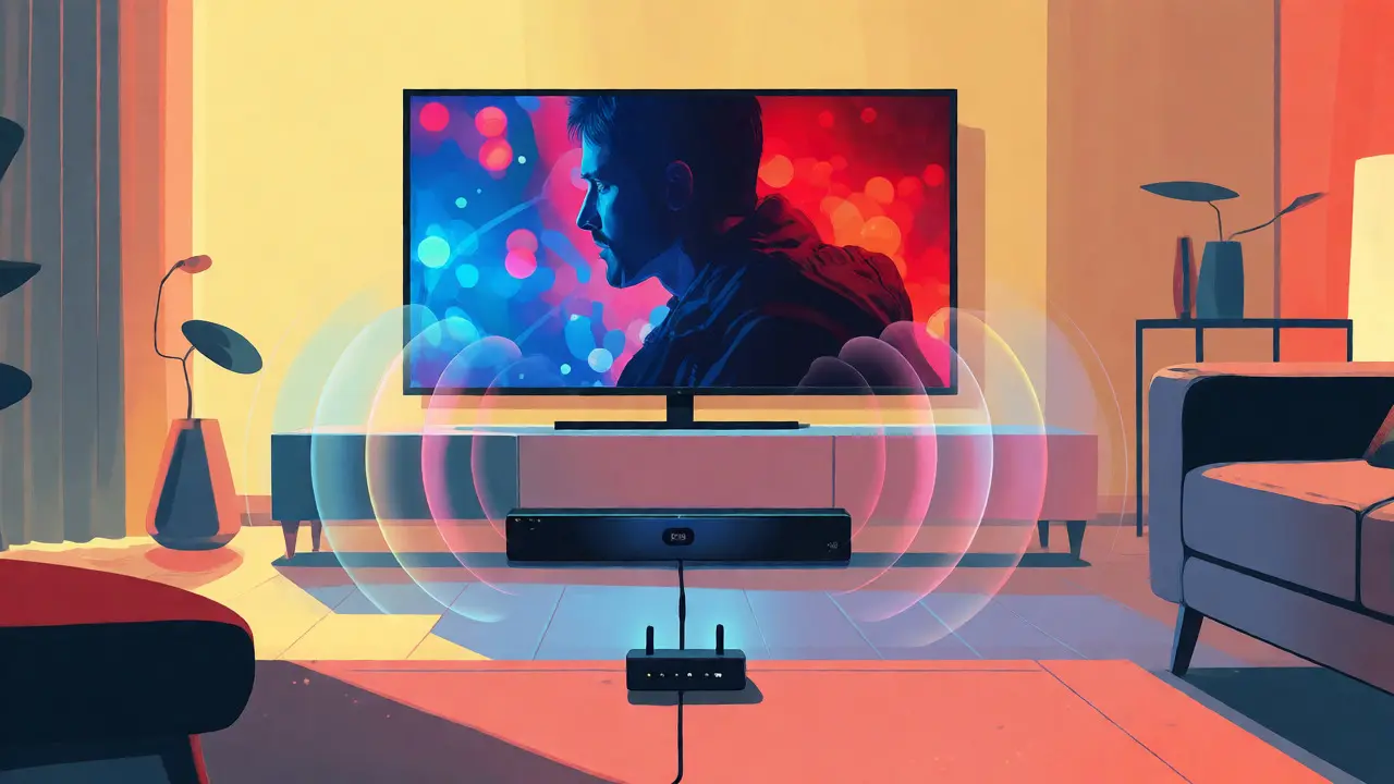 Living room scene with TV and soundbar illustrating immersive audio