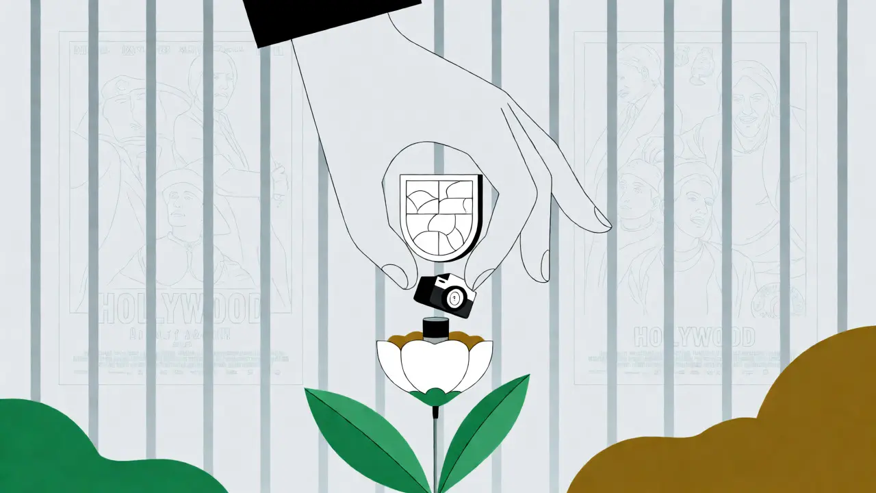 Minimalist art depicting a hand guiding a camera toward a flower, protected from looming blockbuster posters.