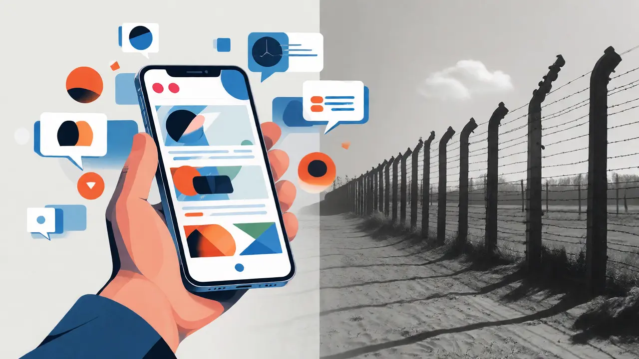 Minimalist art showing a phone scrolling past historical camp imagery