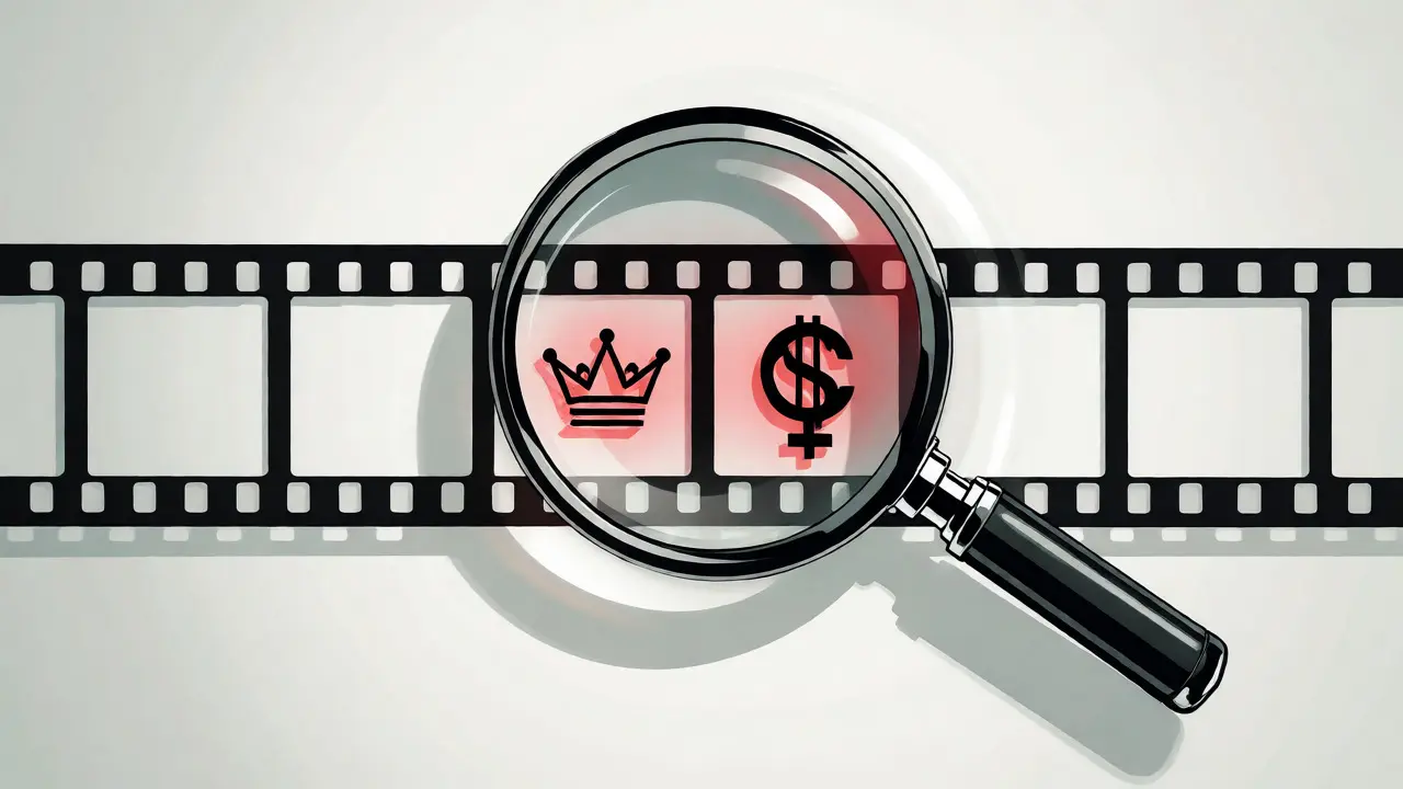 Minimalist illustration of a magnifying glass revealing hidden symbols inside a film reel.