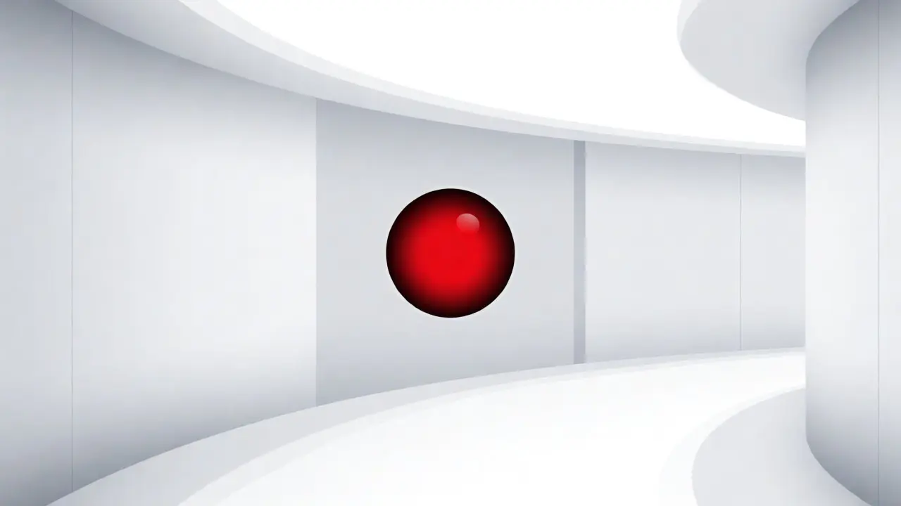 Minimalist illustration of HAL 9000's red eye in a white spaceship corridor.