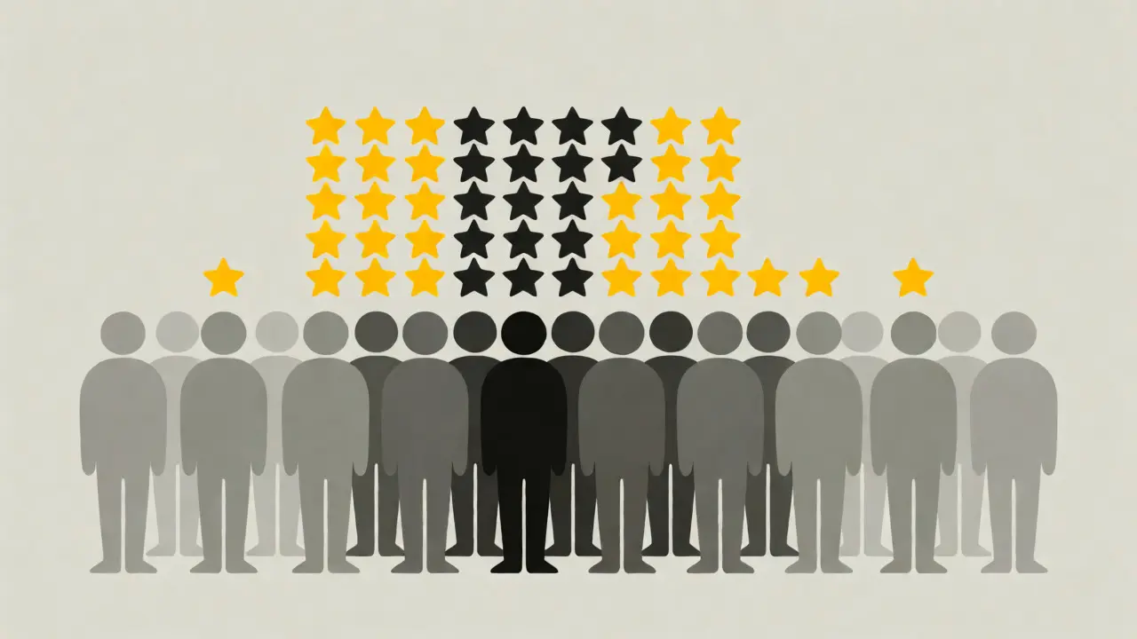 Minimalist illustration showing star ratings clustered around the middle average