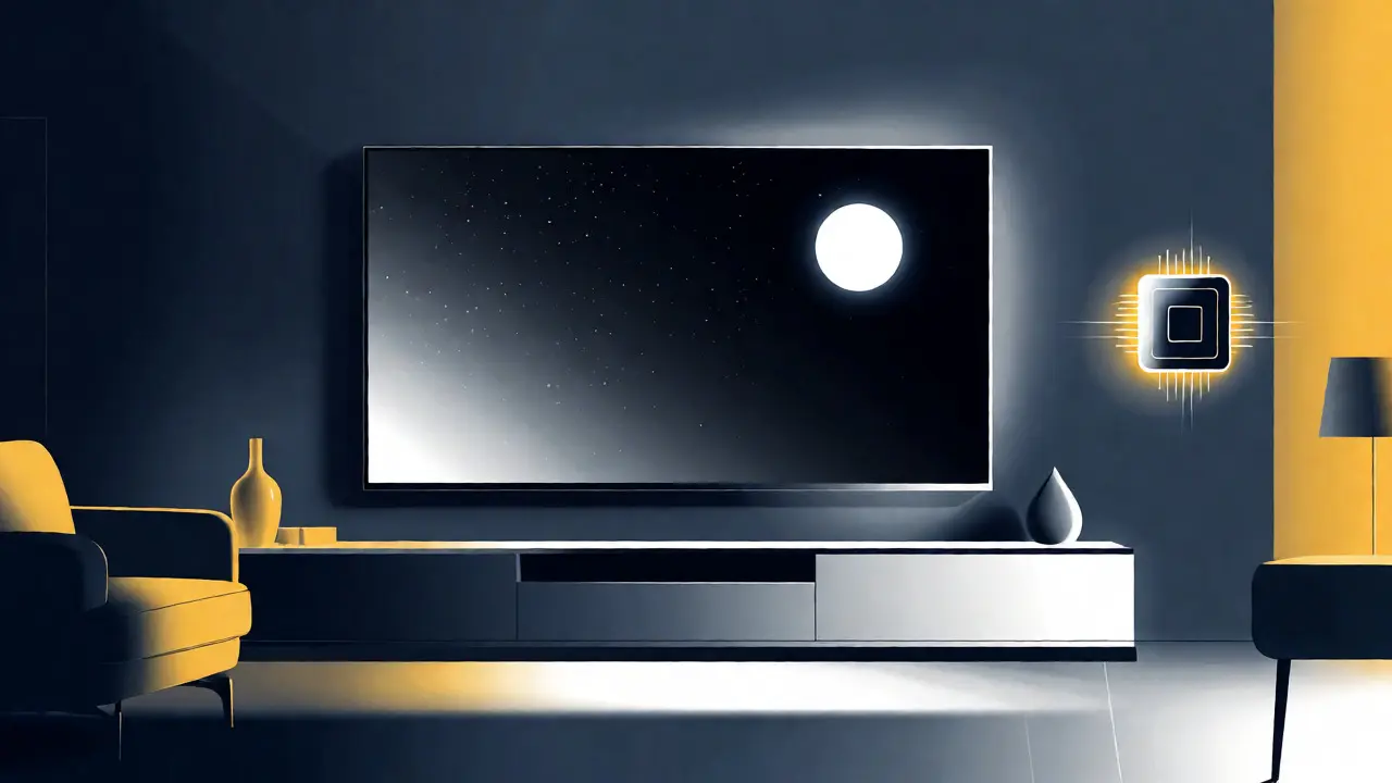 Modern TV displaying high dynamic range night sky scene in minimalist room