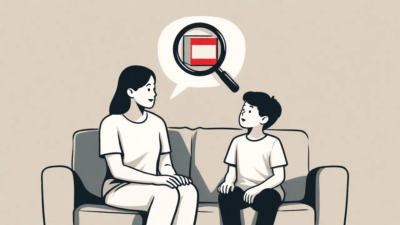 Parent and child discussing media literacy with magnifying glass