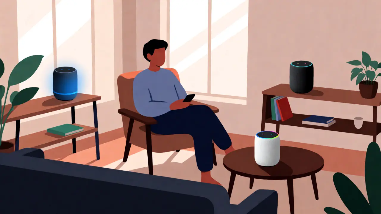 Person relaxing in a modern living room surrounded by multiple wireless smart speakers