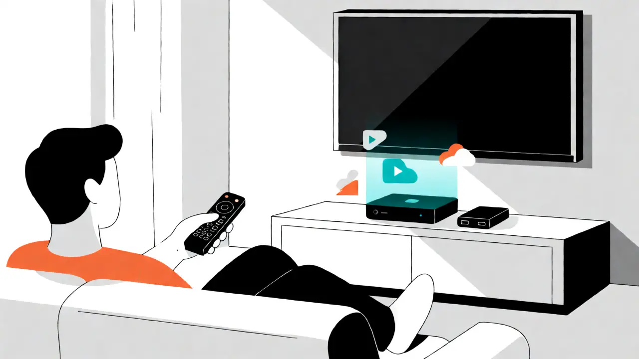 Person watching TV with network tuner and streaming icons floating nearby