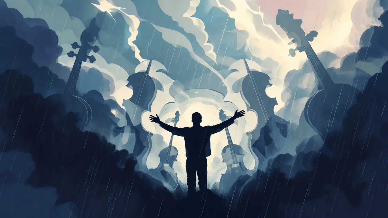 Silhouette raising arms in a storm with rising string instruments
