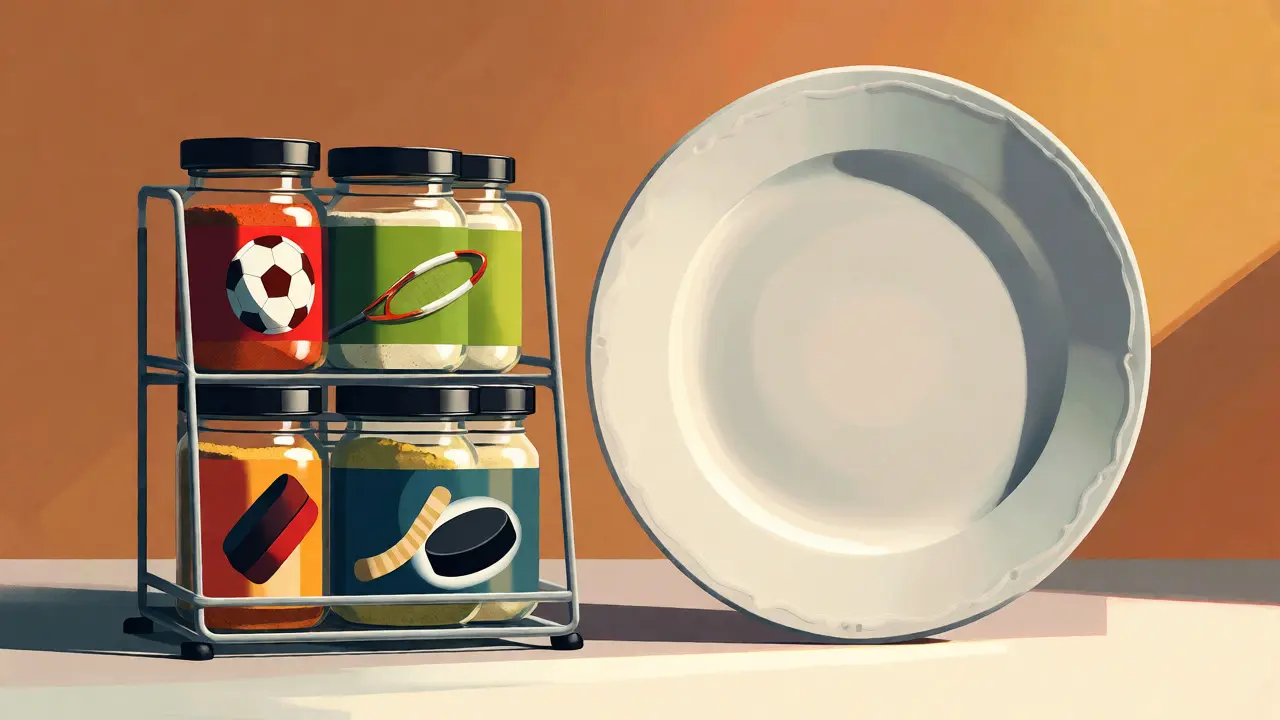 Spice rack with sports-themed jars next to empty plate