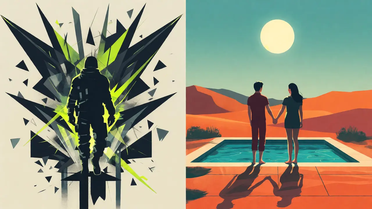 Split illustration contrasting chaotic sci-fi battle scenes with a calm desert romance setting.