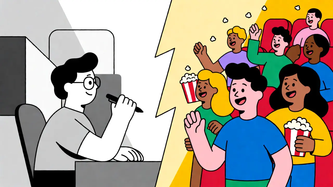 Split image contrasting an analytical critic with an enthusiastic audience