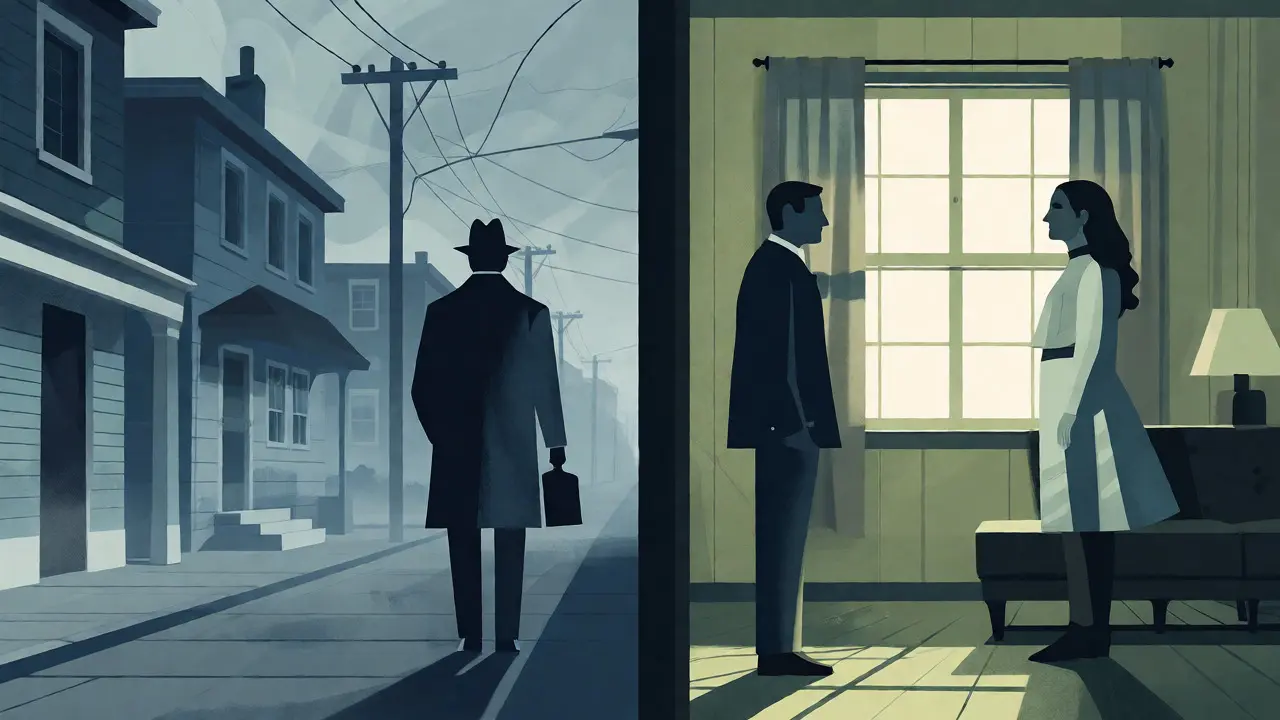 Split minimalist artwork contrasting a foggy city detective scene with an abstract domestic tension.
