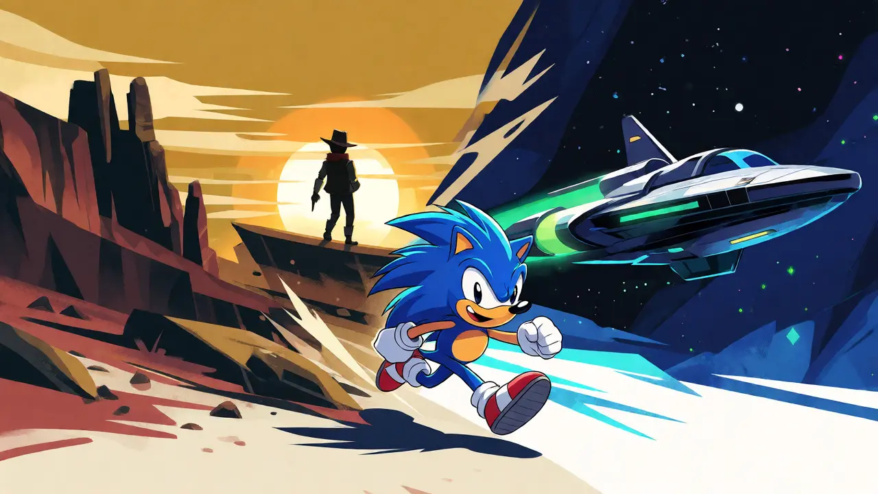 Split scene showing western landscape and sci-fi space ship with hedgehog