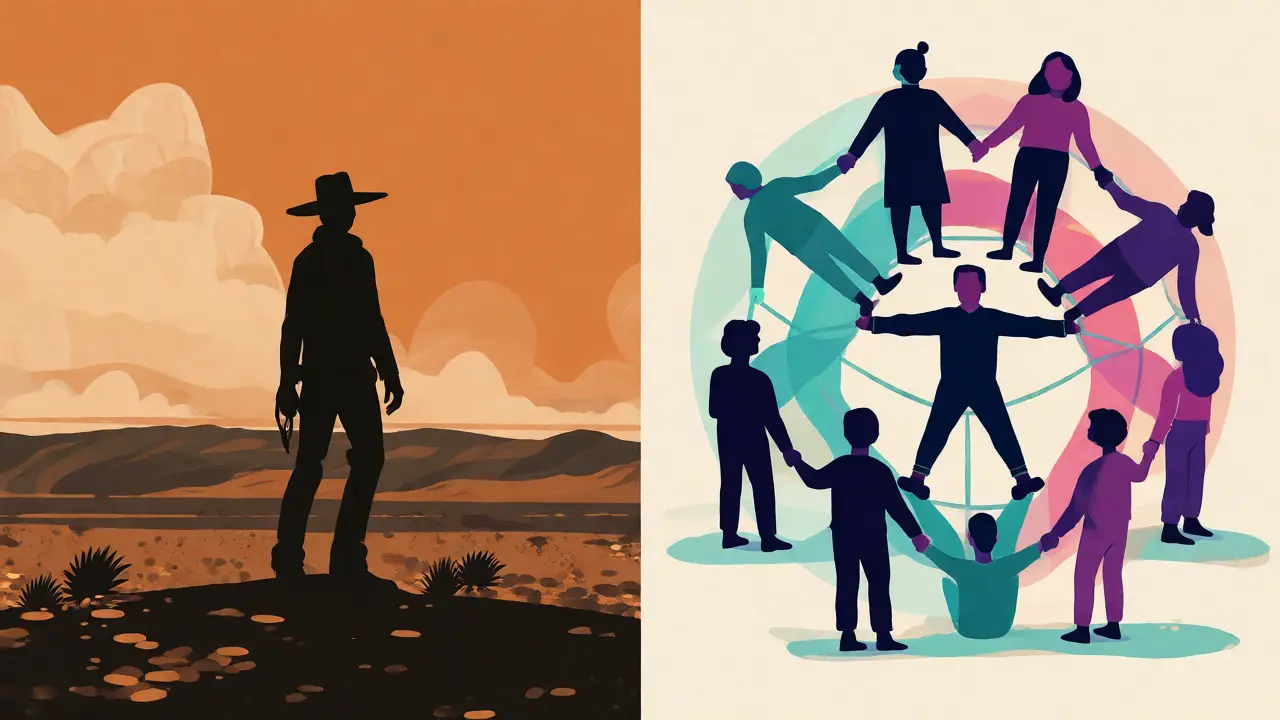Split-screen minimalist illustration comparing traditional western heroism with diverse collective storytelling.