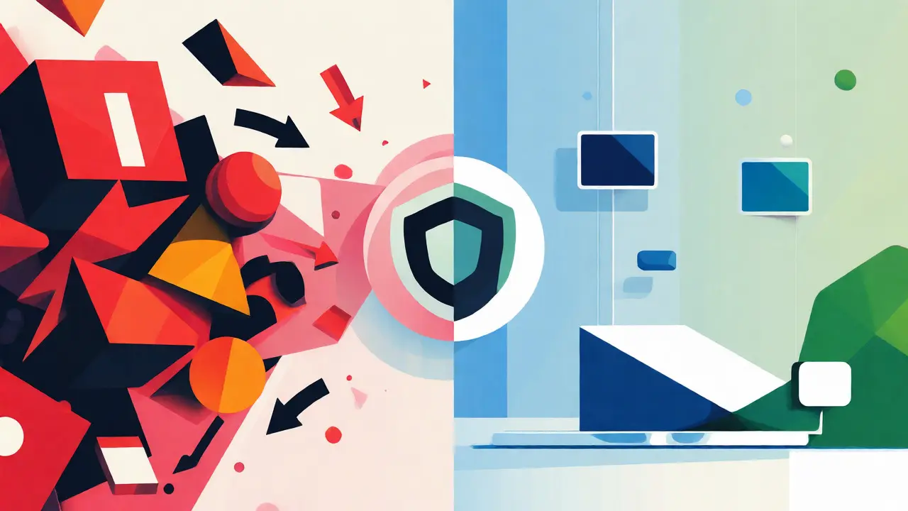 Split view of chaotic ads versus clean ad-free digital spaces