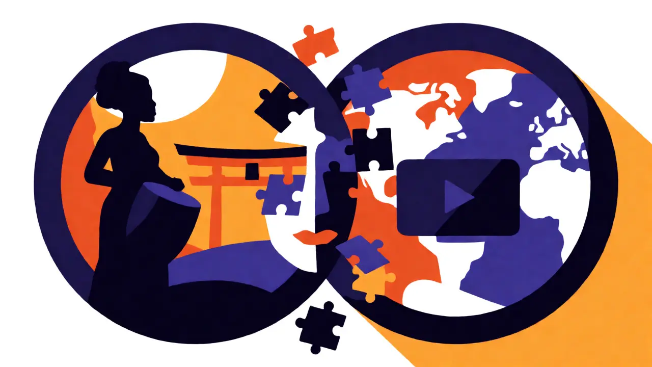Stylized illustration of overlapping circles containing global cultural icons and floating puzzle pieces.