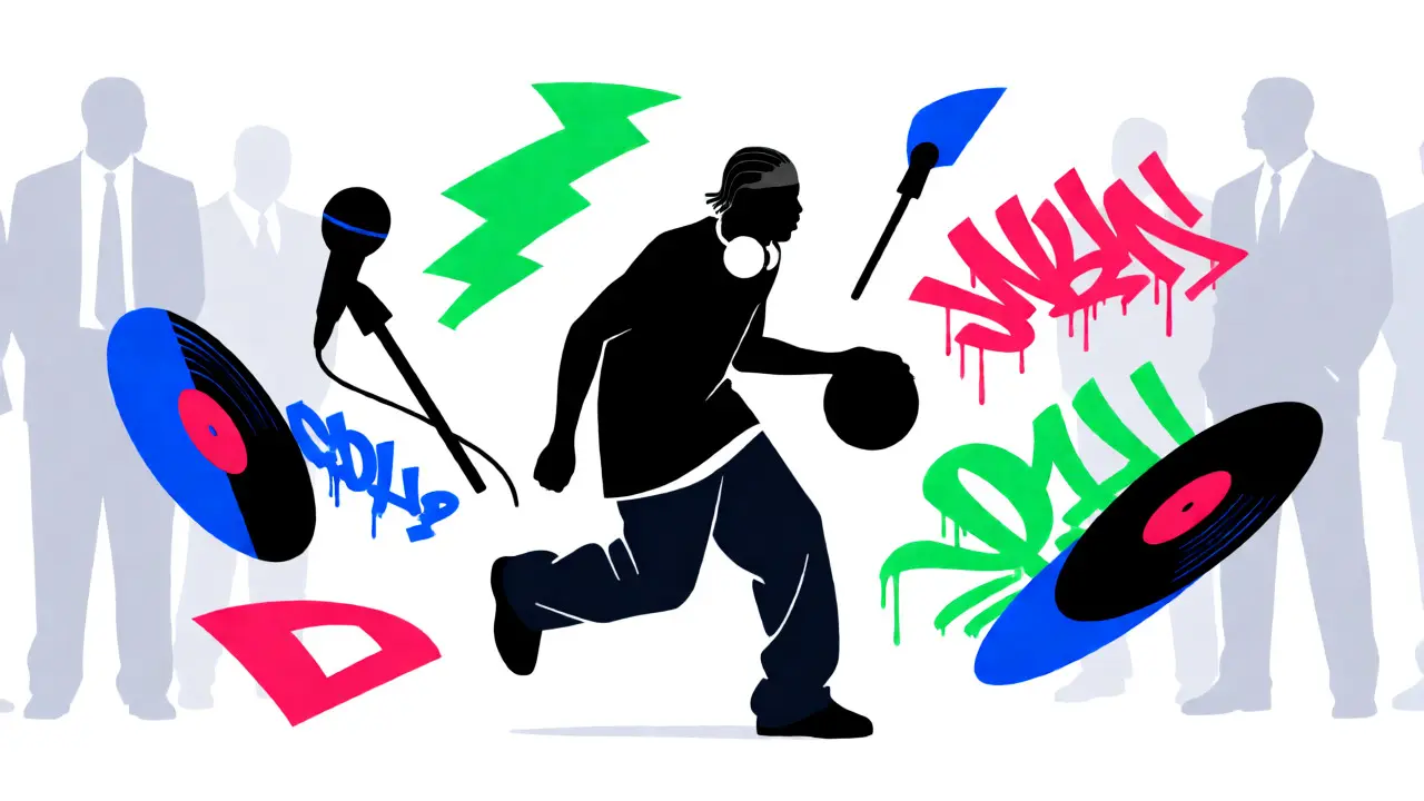 Stylized Iverson dribbling surrounded by hip-hop symbols