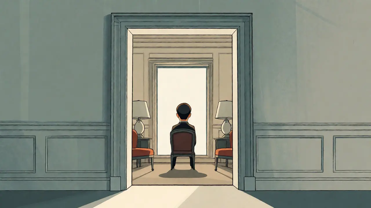 Symmetrical minimalist illustration of a centered character framed by identical objects.