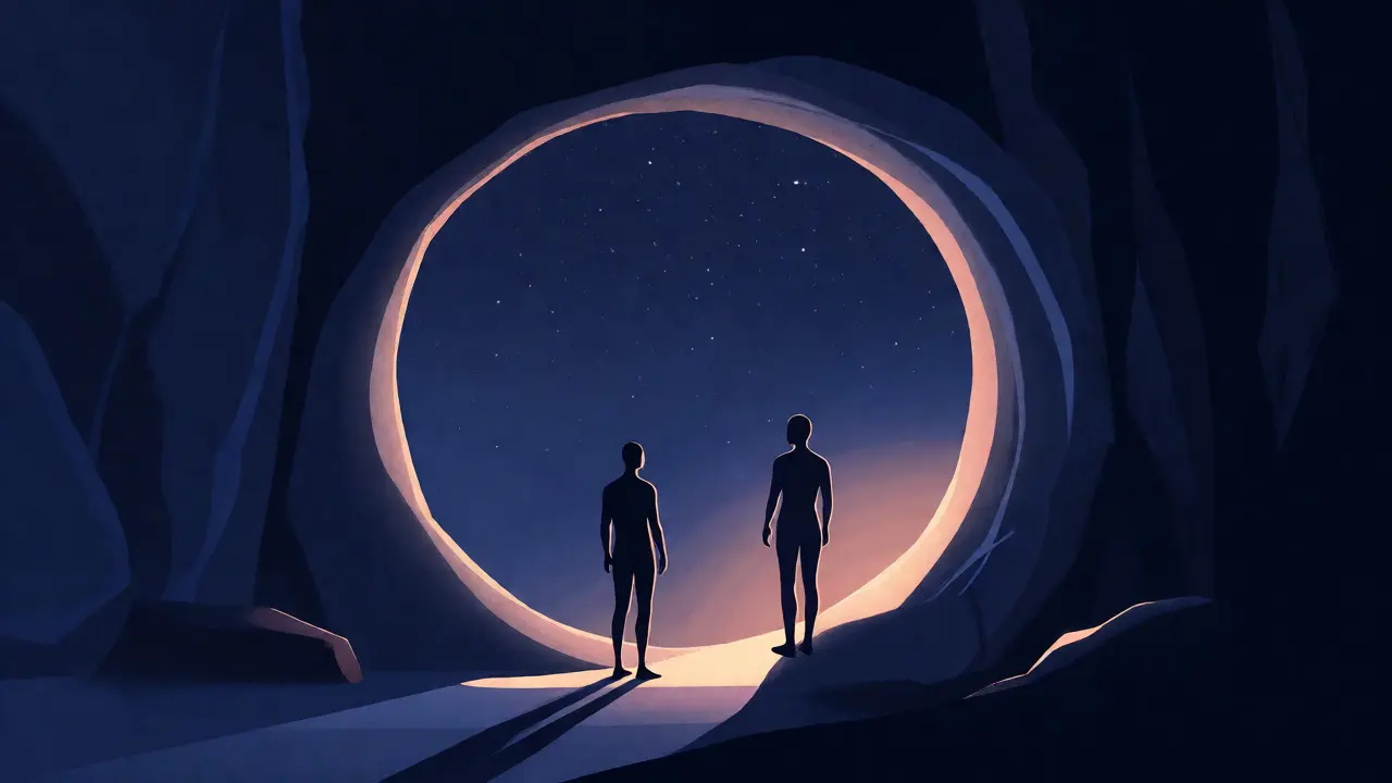 Two silhouettes standing at a cave entrance under stars, ready to jump into the unknown.