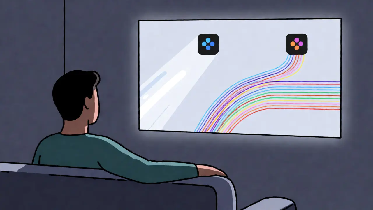 Viewer watching a screen displaying two different interface paths