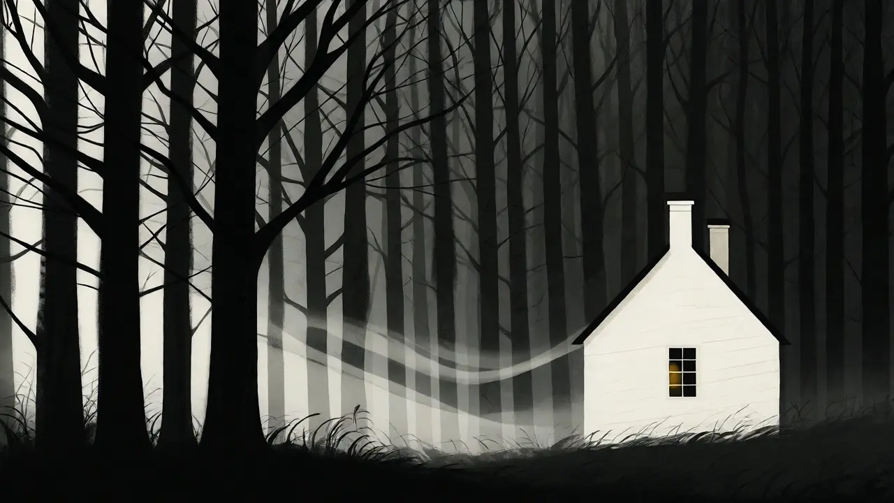 A lonely white cottage faces a dark, imposing forest edge at dusk.