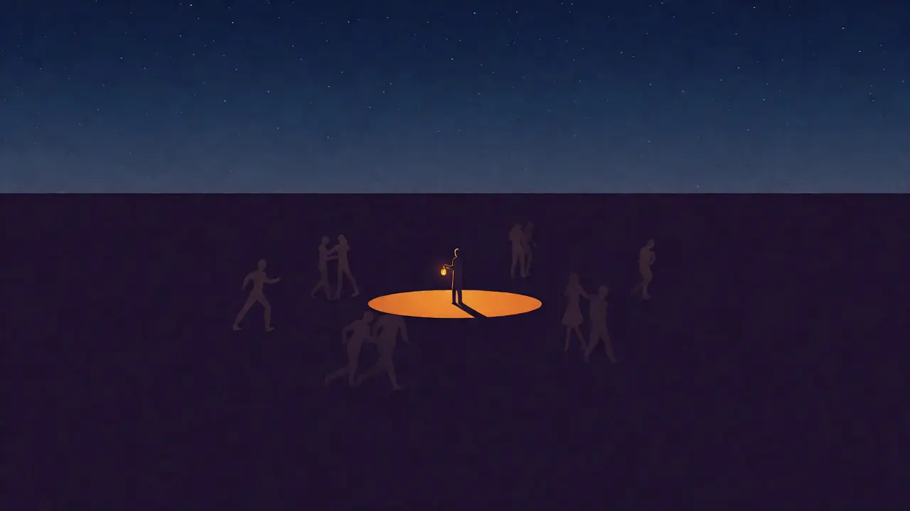 A person holding a lantern in a dark landscape surrounded by fading memories.