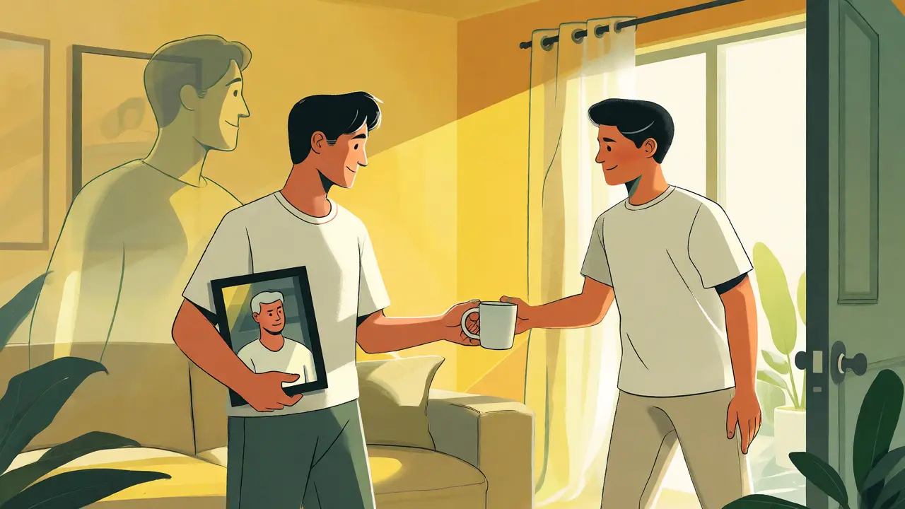 A person smiles while holding a photo and interacting with a new partner in a sunny room.