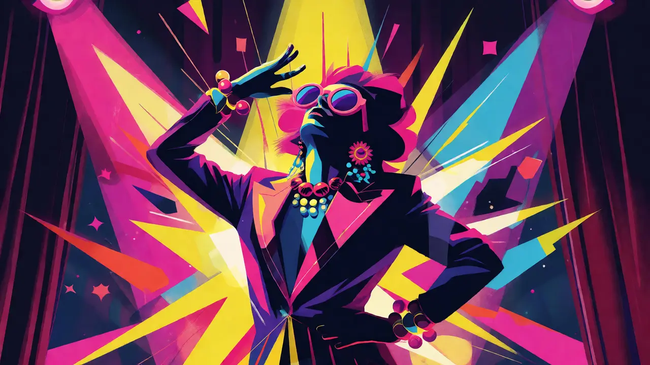A vibrant, stylized figure posing dramatically with colorful geometric shapes representing camp aesthetics.