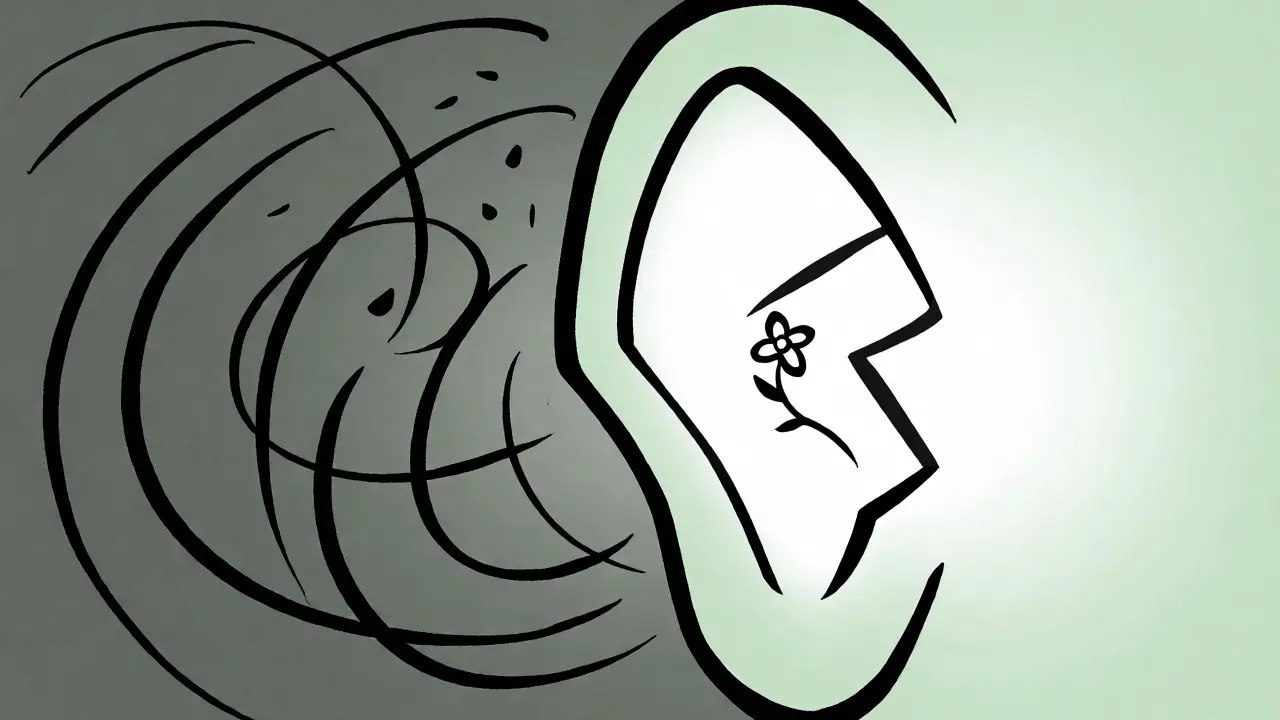 Abstract illustration of an ear absorbing noise to reveal inner silence