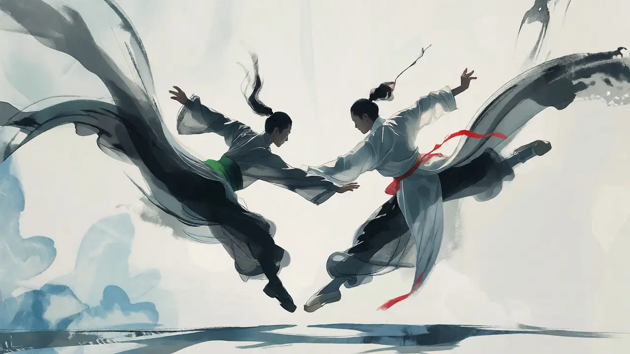 Abstract minimalist illustration of two floating sword fighters