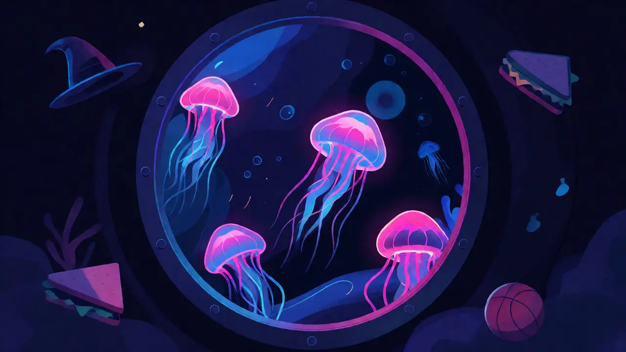 Bioluminescent jellyfish viewed through a porthole surrounded by floating media icons.