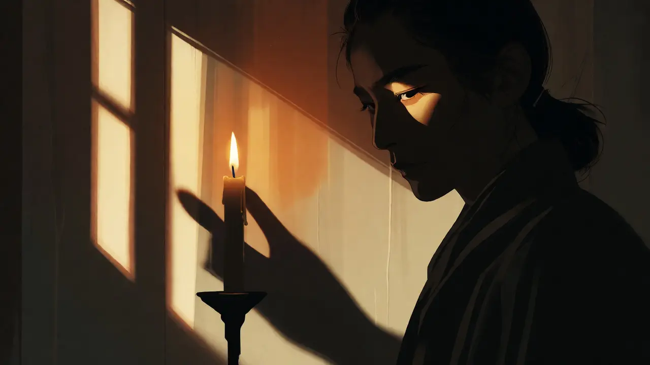 Candlelit portrait with dramatic shadows in minimalist style