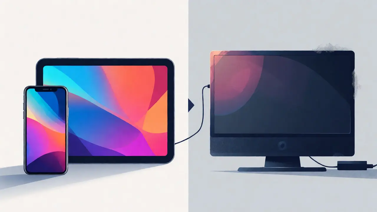 Comparison of crisp mobile screens versus a blurry older TV displaying upscaled content.