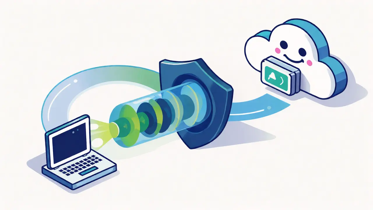 Diagram showing data routing through a secure VPN tunnel to access a remote server.