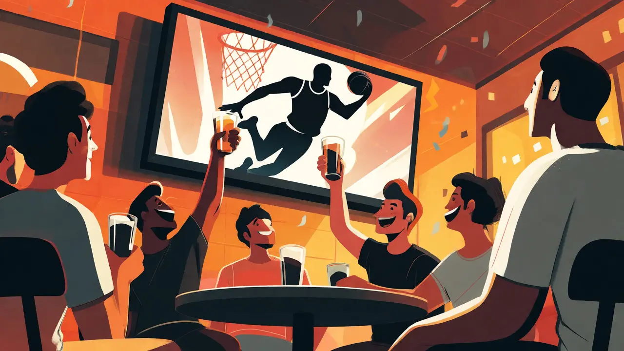 Friends celebrating at a sports bar watching a game on a big screen