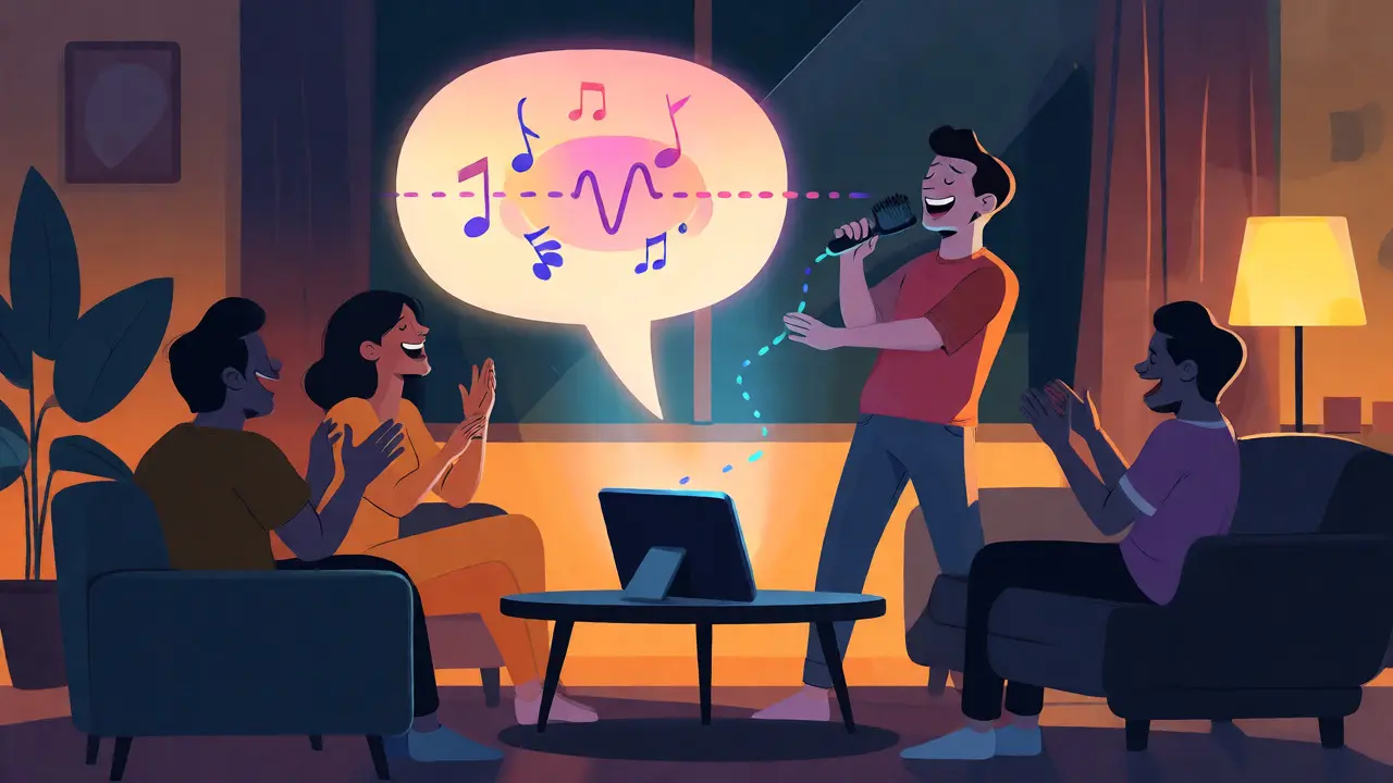 Friends singing karaoke together using a smart device at home