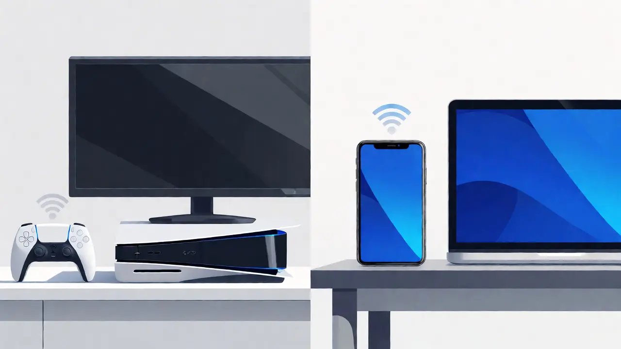 Gaming console and mobile devices illustrating cross-platform streaming