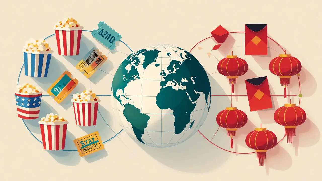 Global map illustration showing synchronized US summer and Asian Lunar New Year movie releases.
