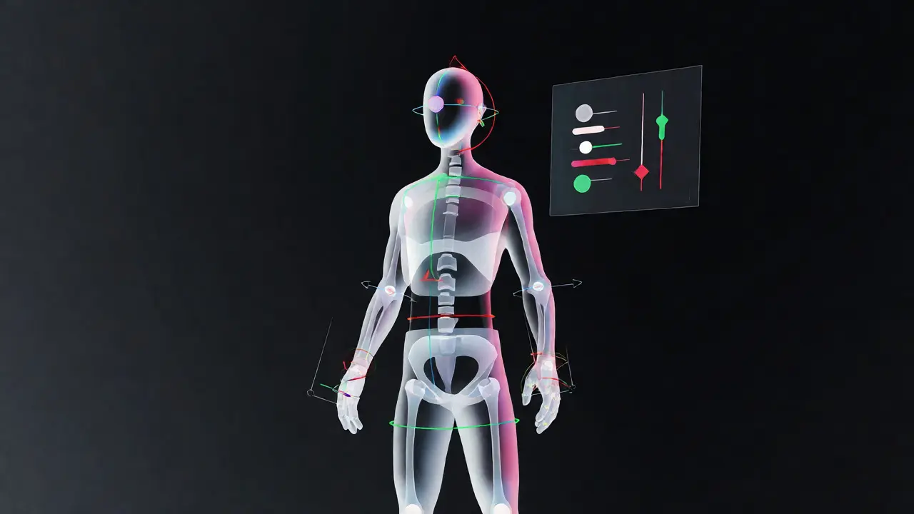 Glowing skeletal rig and control curves around a humanoid figure in minimalist art