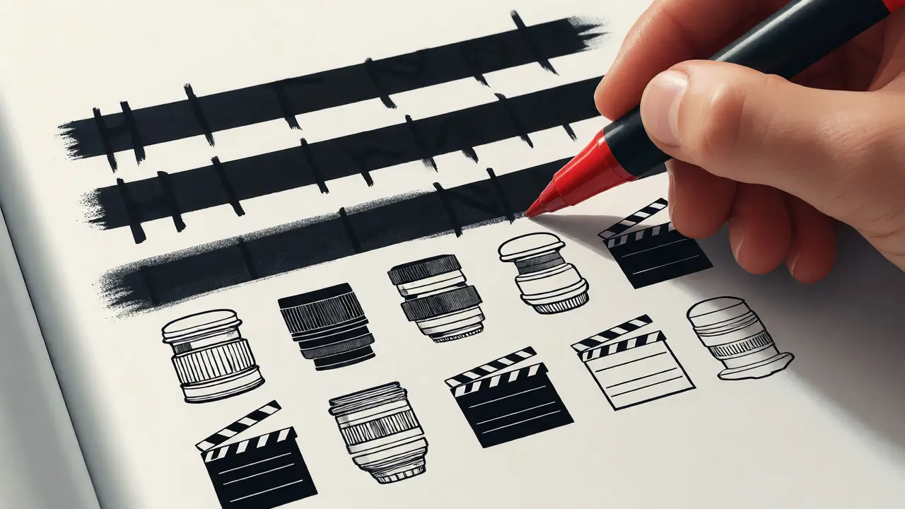 Hand editing text, transforming rough words into precise film critique symbols.