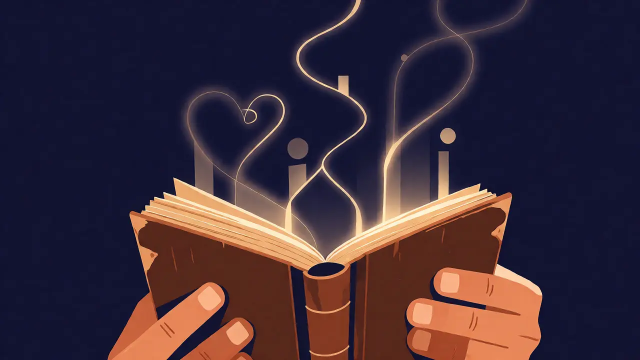 Hands holding a glowing notebook with light strands rising from its pages.