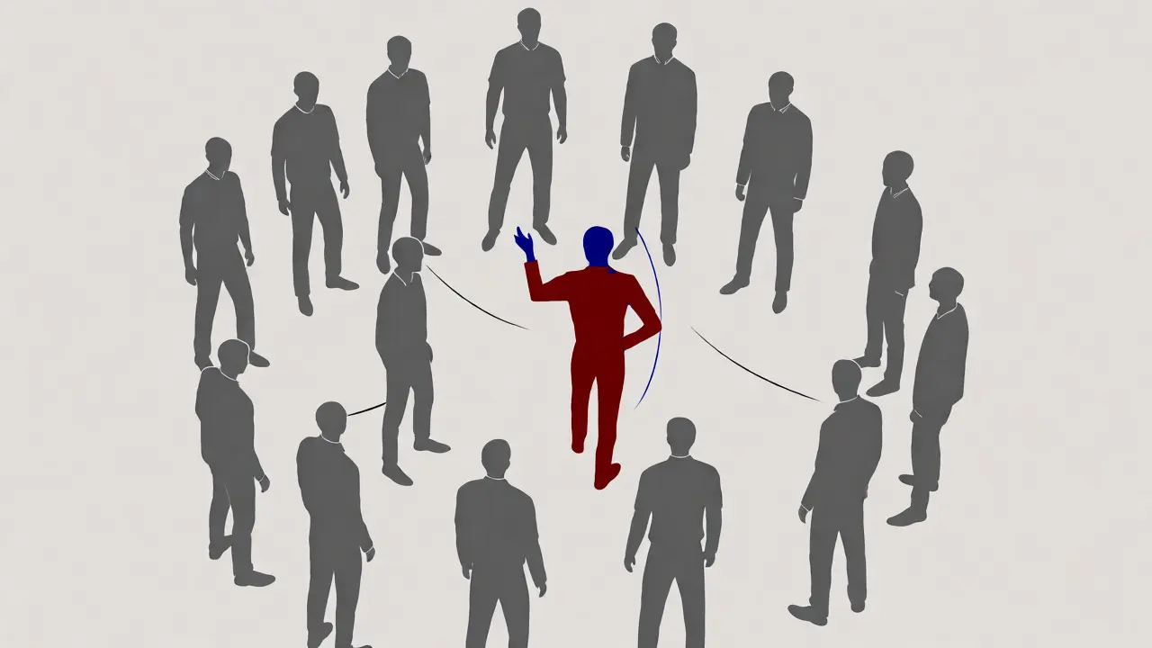 High-angle minimalist illustration of an ensemble cast where one colored figure anchors the grey group.