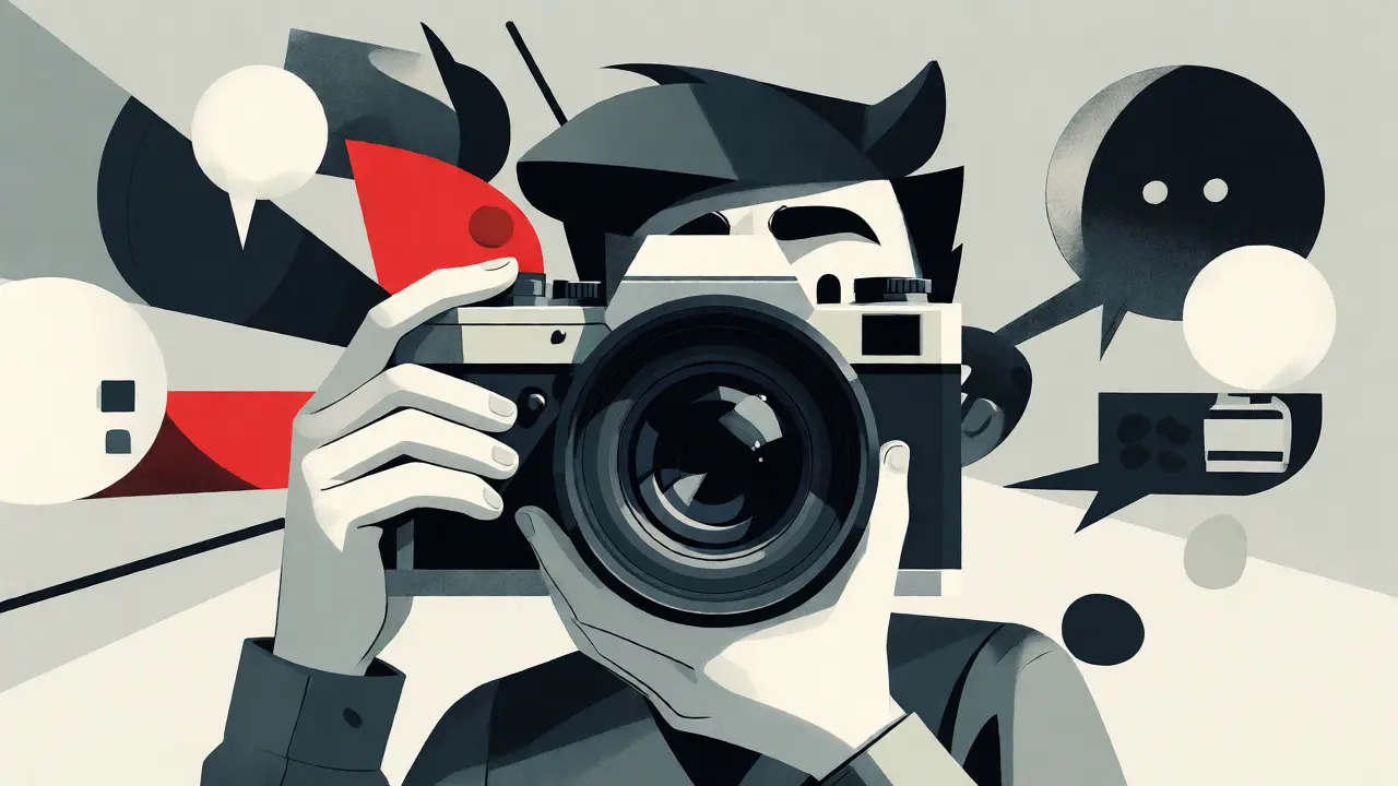 Illustration of a film camera breaking the fourth wall with abstract philosophical shapes.