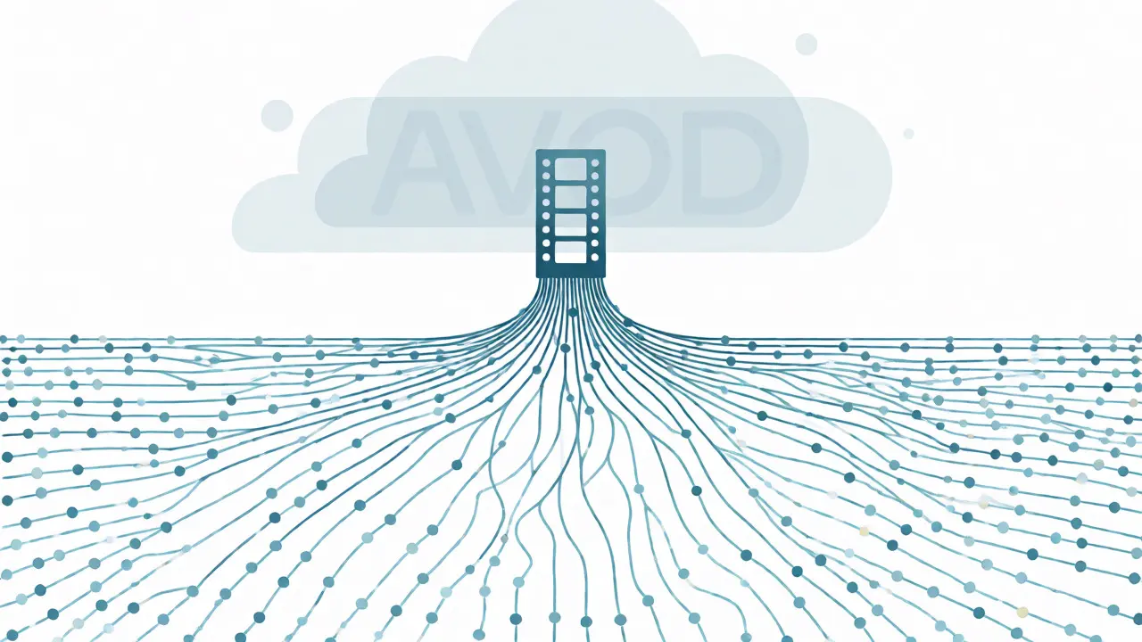 Illustration of a film spreading wide like roots to represent broad free ad-supported reach