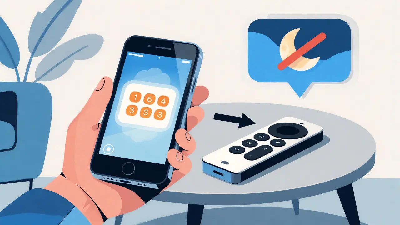 Illustration of a hand holding a phone with a verification code near an Apple TV remote.