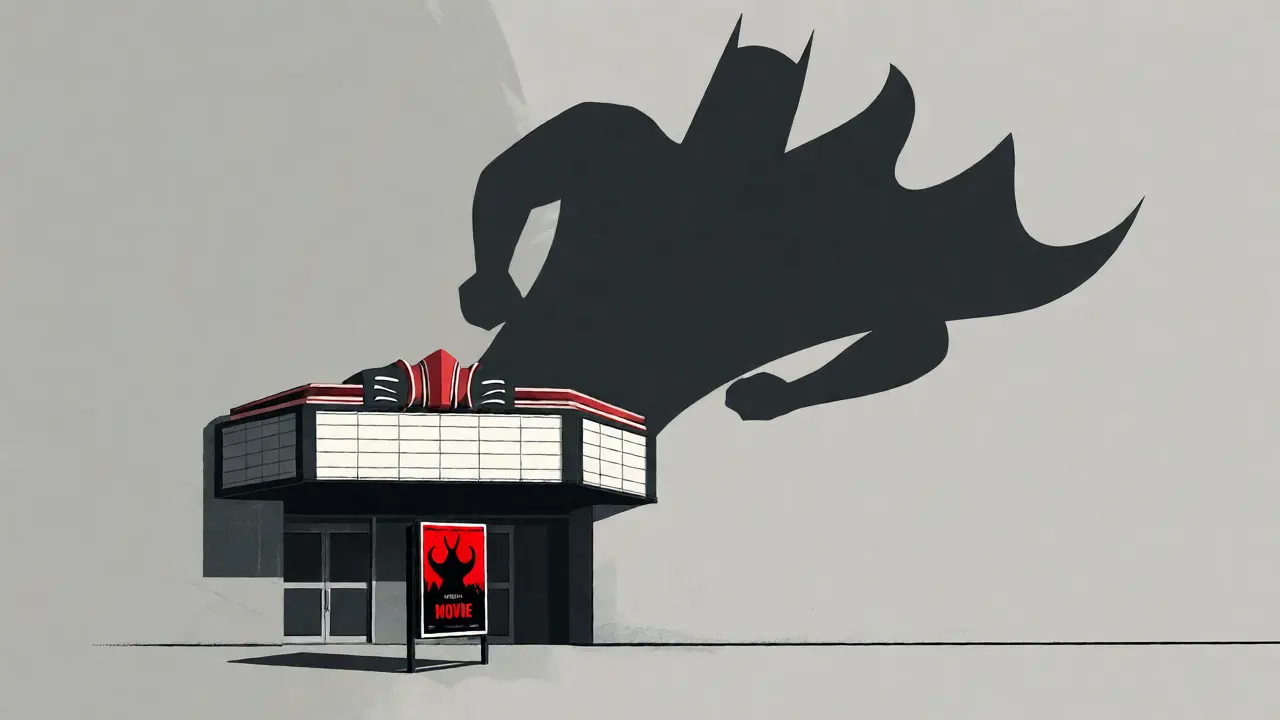 Illustration of a small indie film thriving under the shadow of a giant superhero blockbuster.