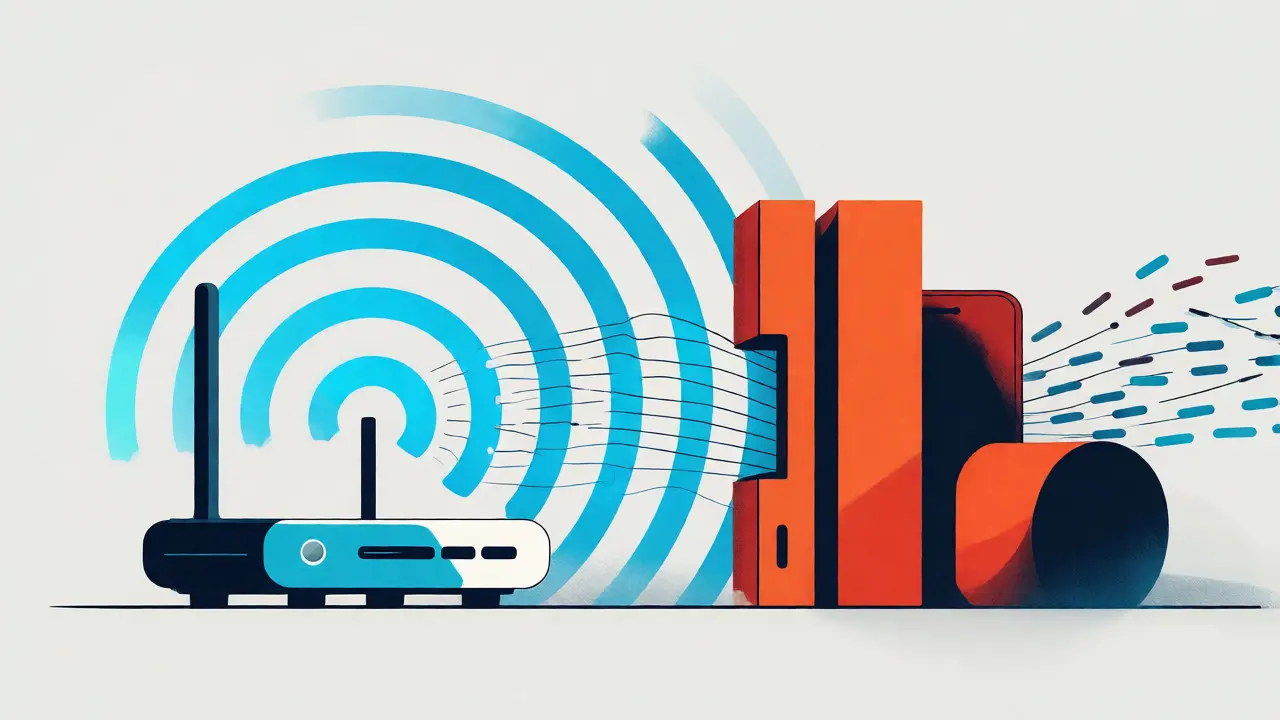 Illustration of Wi-Fi signals being blocked by other devices causing network congestion.