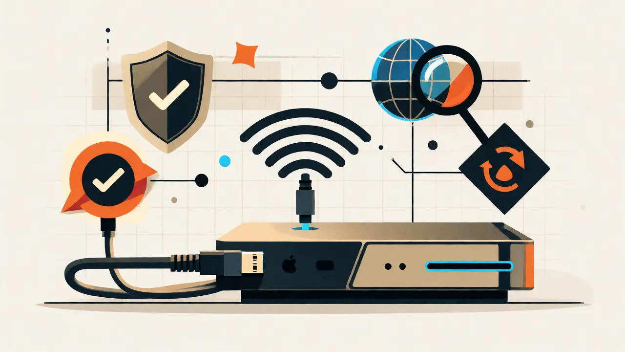 Minimalist art showing an Apple TV connected via Ethernet with DNS and reset icons.